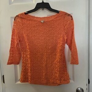 Banana Republic sz 10 coral Melon lace boatneck top sheer 3/4 slv summer casual